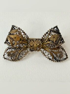 Antique 800 Silver Filigree Bow Brooch Pin Vintage Gold Wash Vermeil European